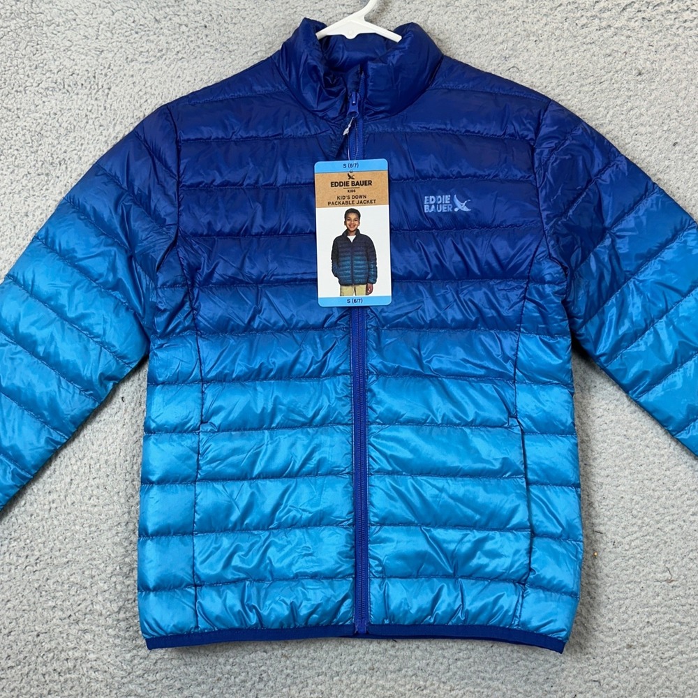 NEW Eddie Bauer Jacket Kids Boys Small Down Packable Blue Ombre Puffer Full Zip